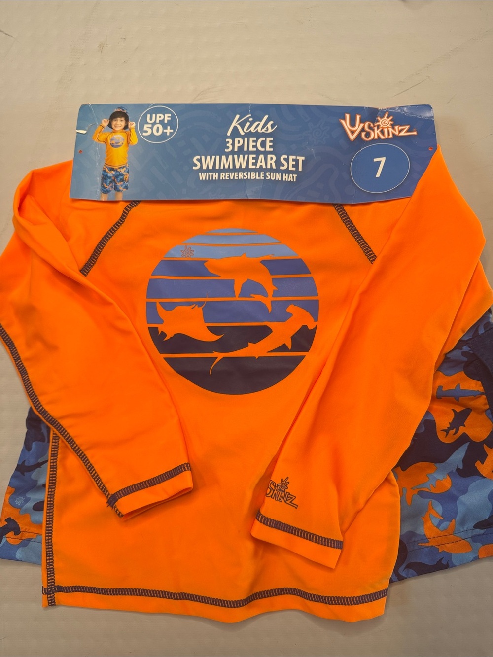 Skin Kids Orange Rash Guard Set with Blue Shark Print